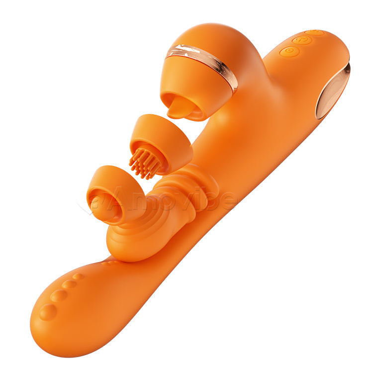 G-punkt vibrator med sirkulær massasjebevegelse, vibrasjon og 3 ermer for klitoristapping, kiling og slikking
