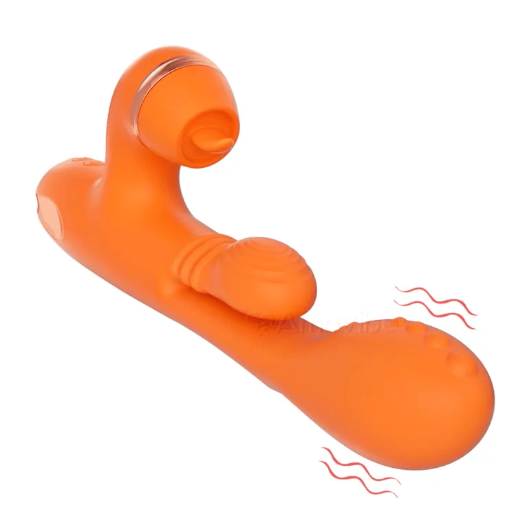 G-punkt vibrator med sirkulær massasjebevegelse, vibrasjon og 3 ermer for klitoristapping, kiling og slikking